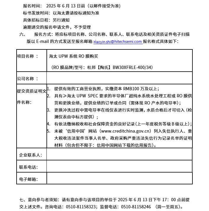 海太UPW系统RO膜购买项目招标公告(图2)